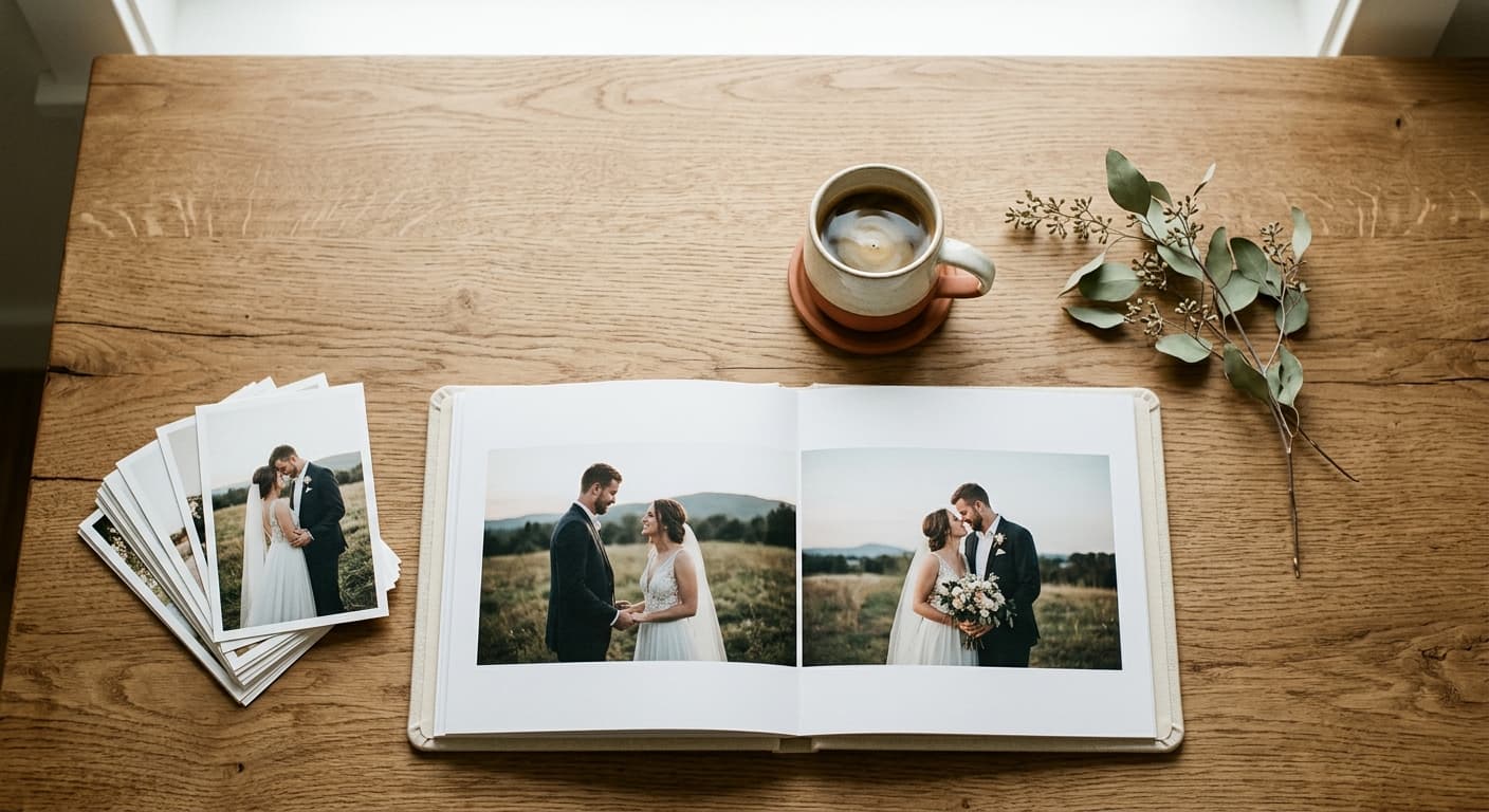 Open wedding album spread on a cream surface, beside a terracotta coffee cup and eucalyptus