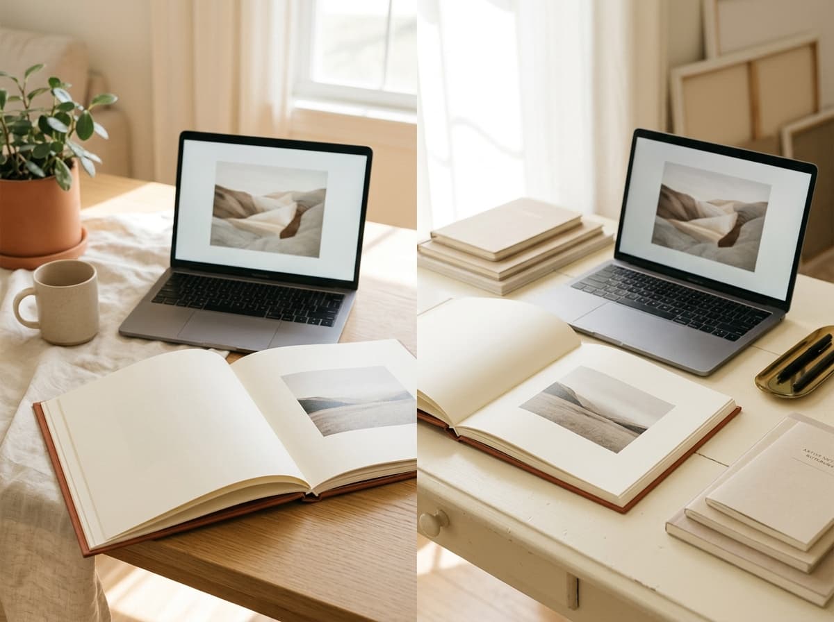 An album open on a laptop in two settings