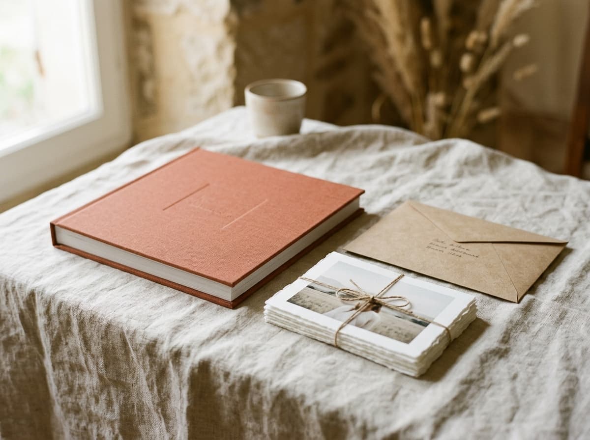 A printed album beside fine-art prints and a mailer
