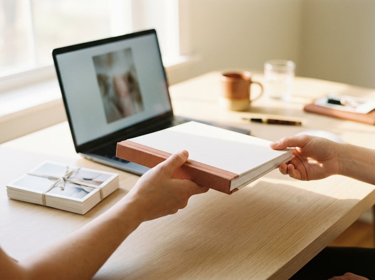 A tidy photographer's desk with a printed album and laptop