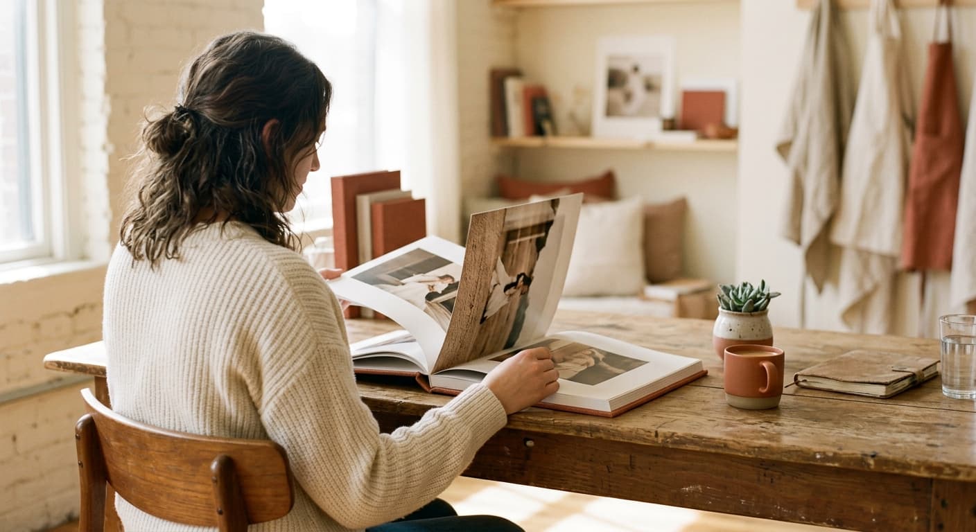 Photographer reviewing a printed album in a warm studio