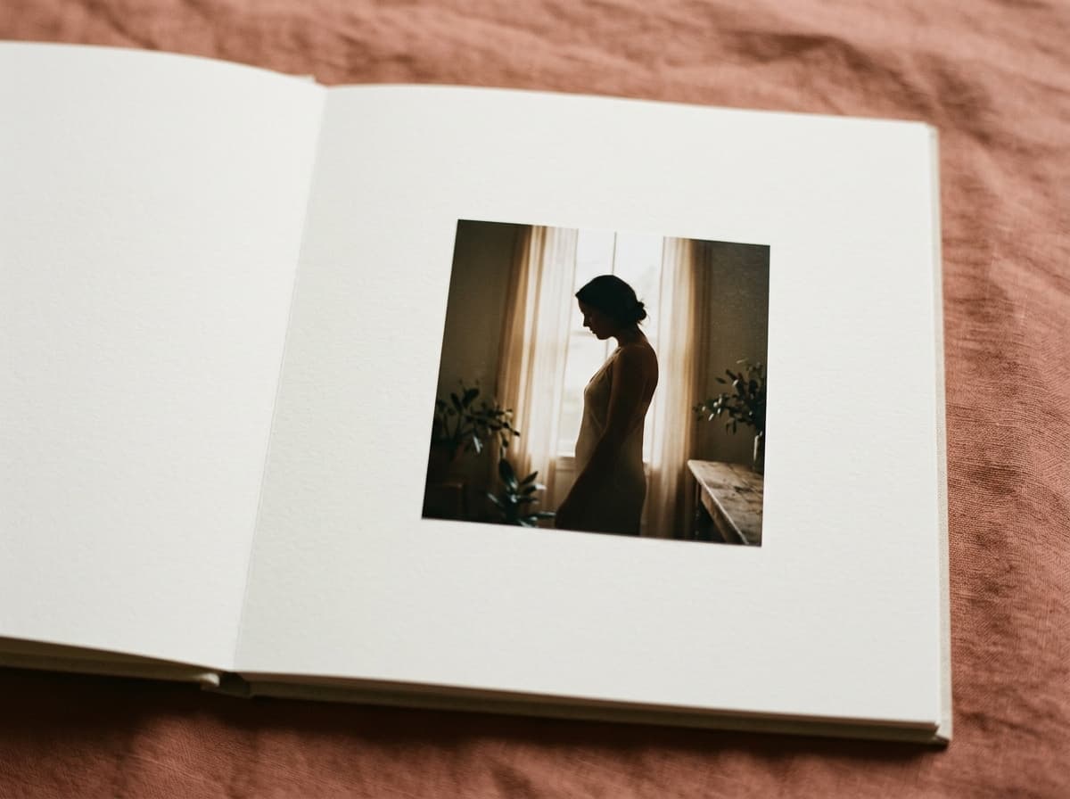 A tasteful fine-art boudoir photograph spread across a slim premium album