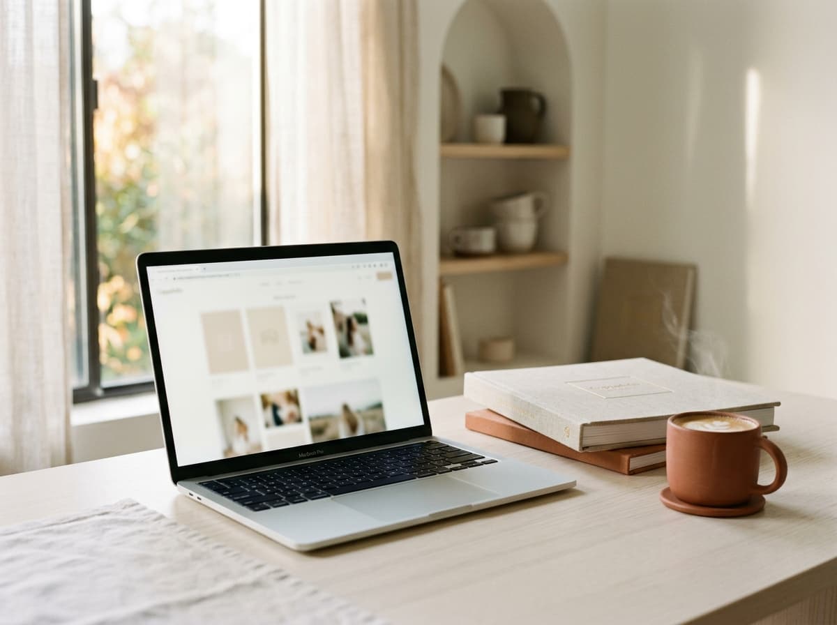 A slim laptop on a clean cream desk with a printed album beside it, open to the Cuppafolio editor in a browser tab