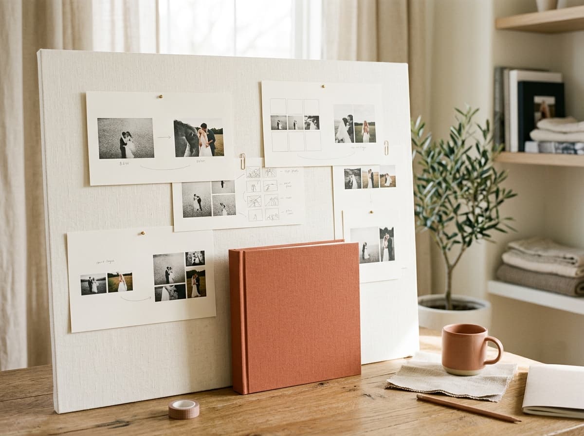 Paper album layout mockups arranged above a finished bound album