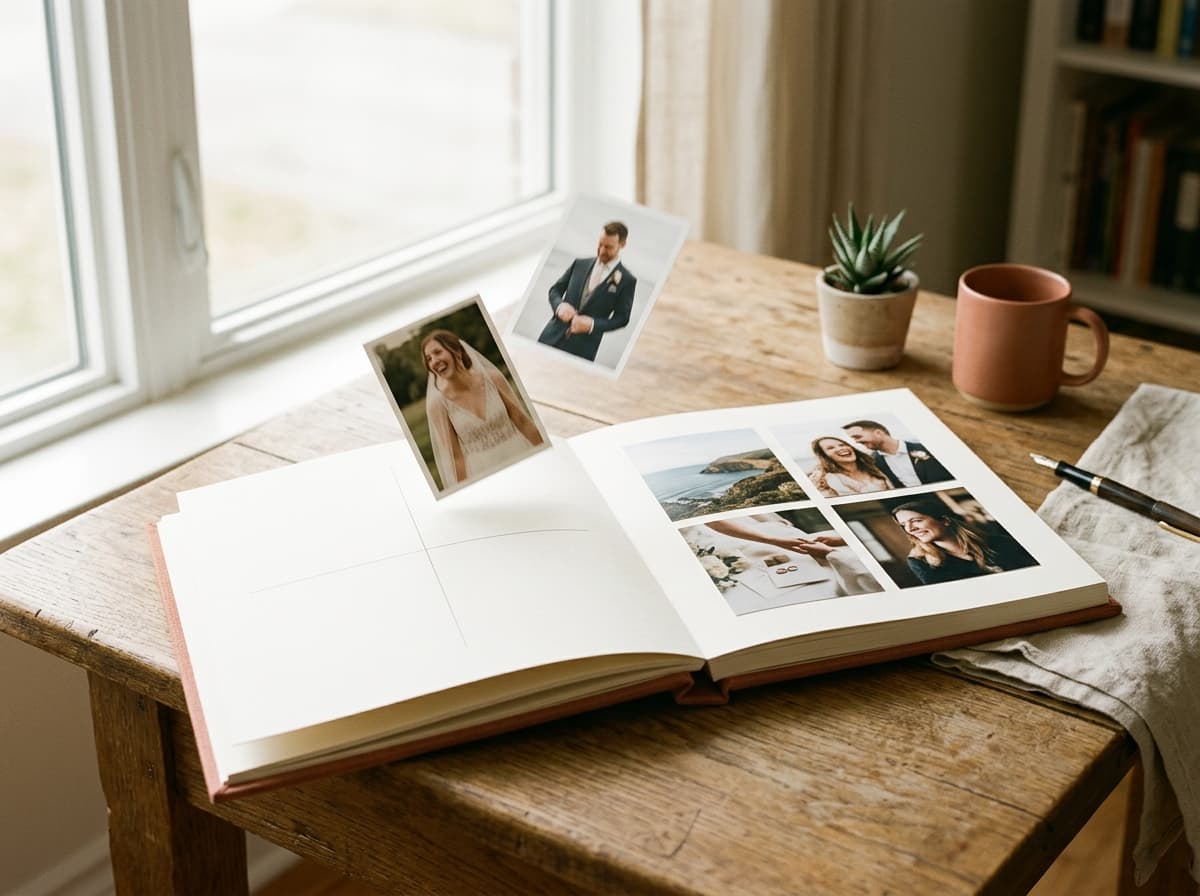 Loose photo prints arranged into a clean two-page album grid on cream paper