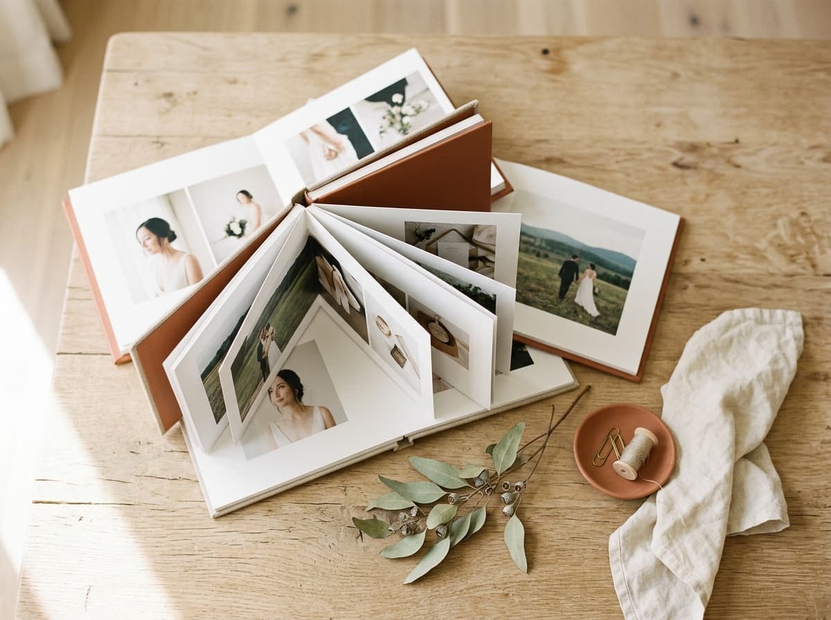 Designed album spreads fanned across a pale oak table, arranged by hand