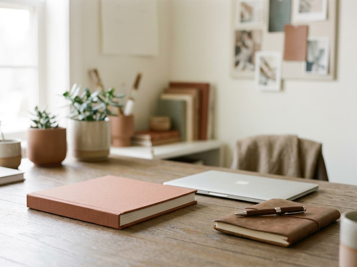 A finished photo album beside a closed laptop and a leather notebook on a studio desk
