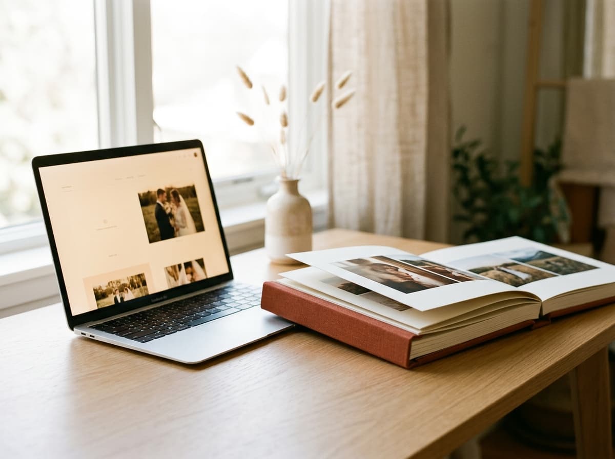 A slim laptop open beside a bound photo album on a sunlit desk