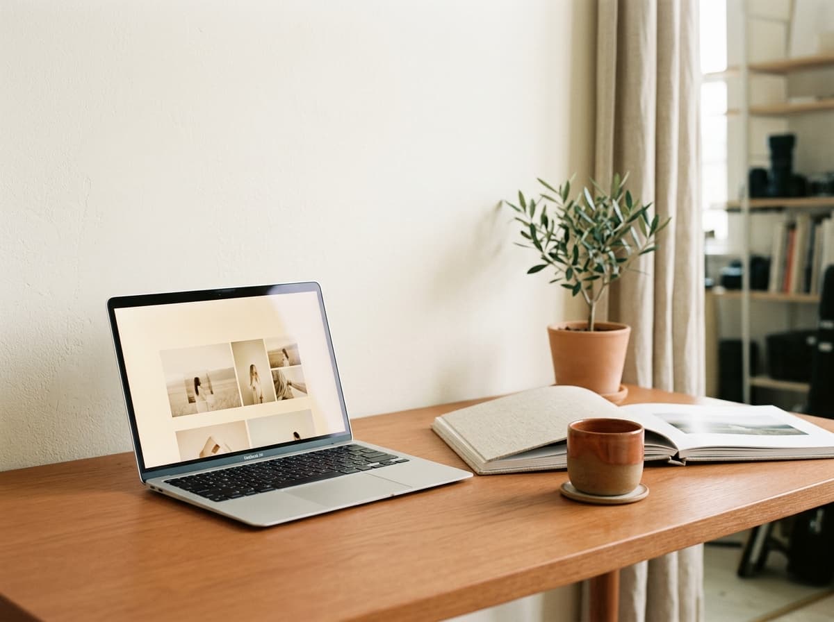 A slim laptop and a printed photo album on a minimalist studio desk