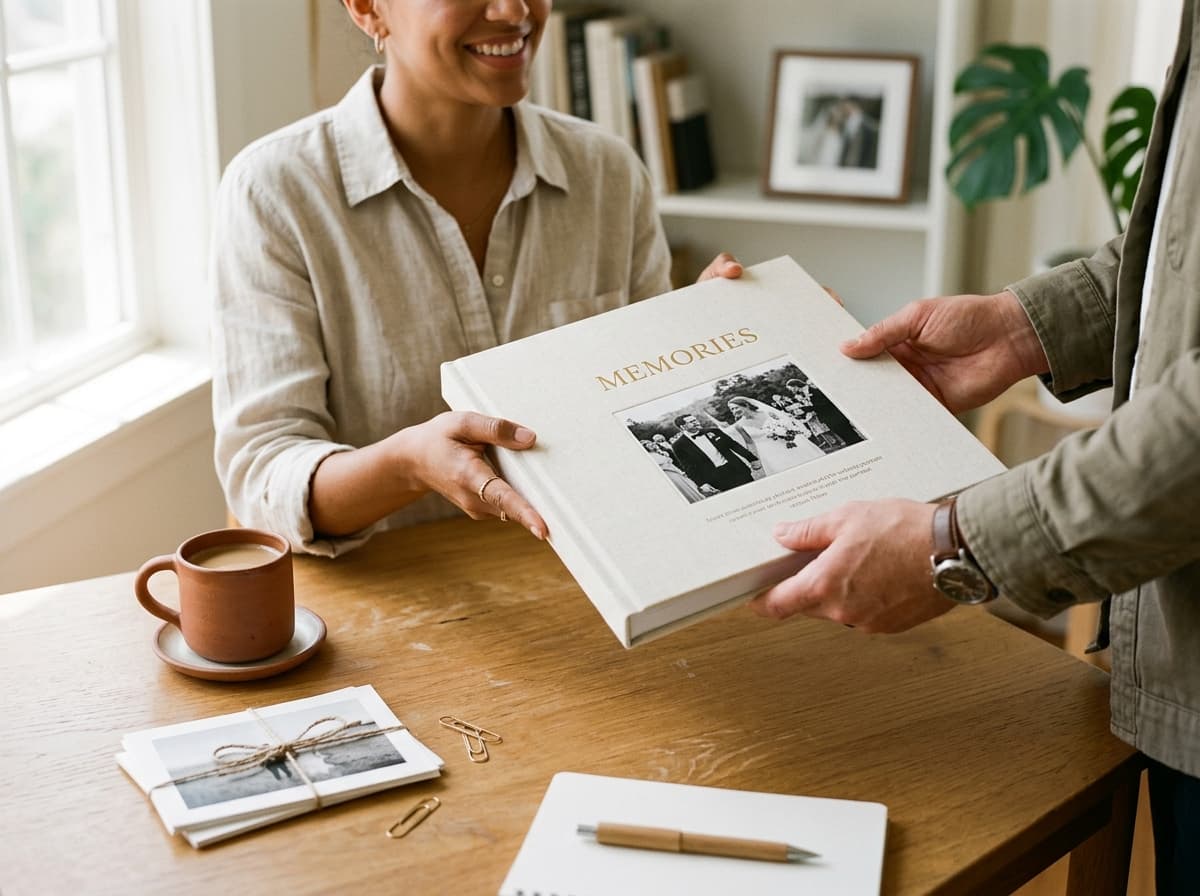 A printed photo album on a tidy desk beside a coffee cup and a stack of prints