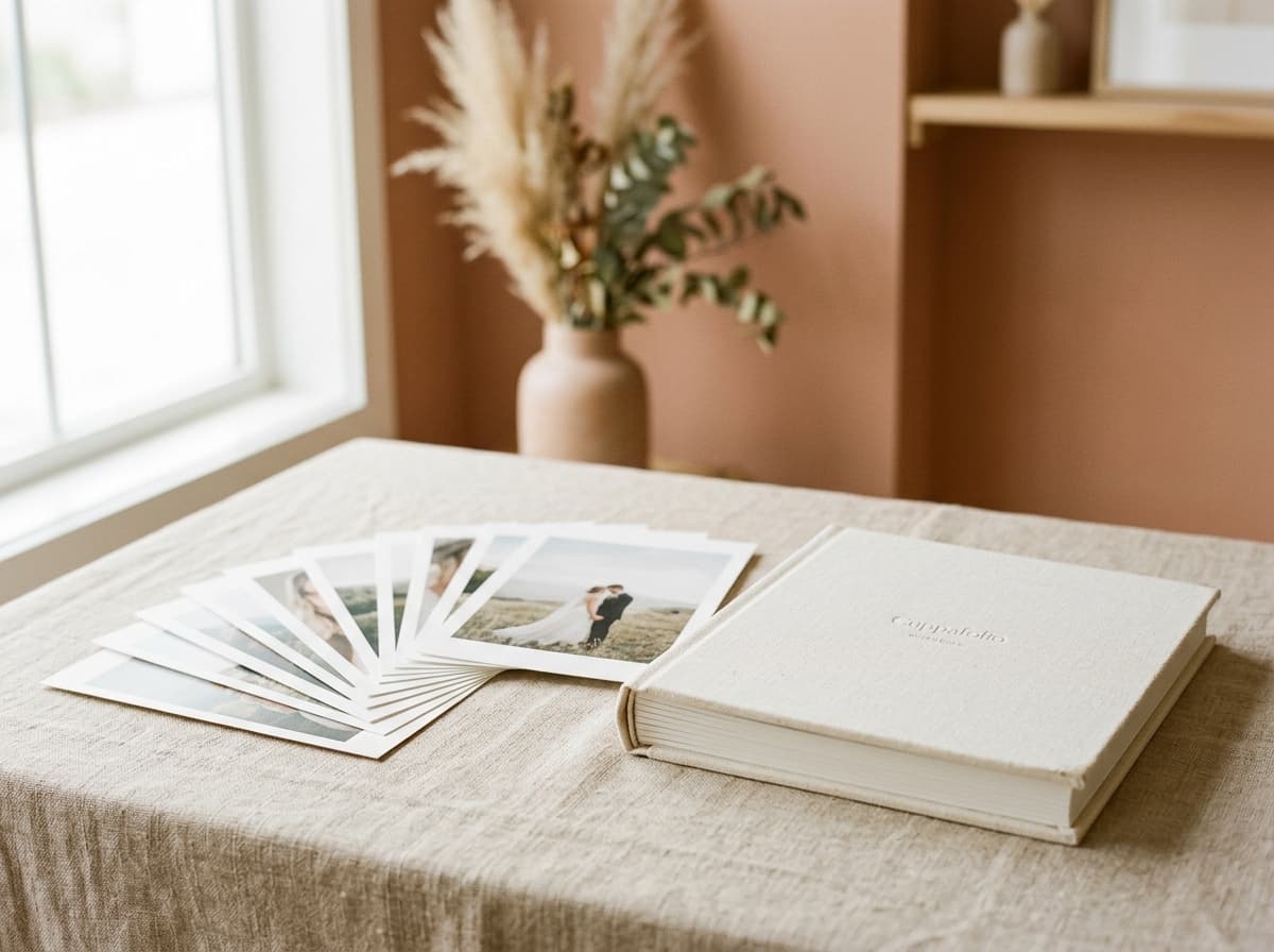 A fan of fine-art gallery prints beside a finished bound photo album
