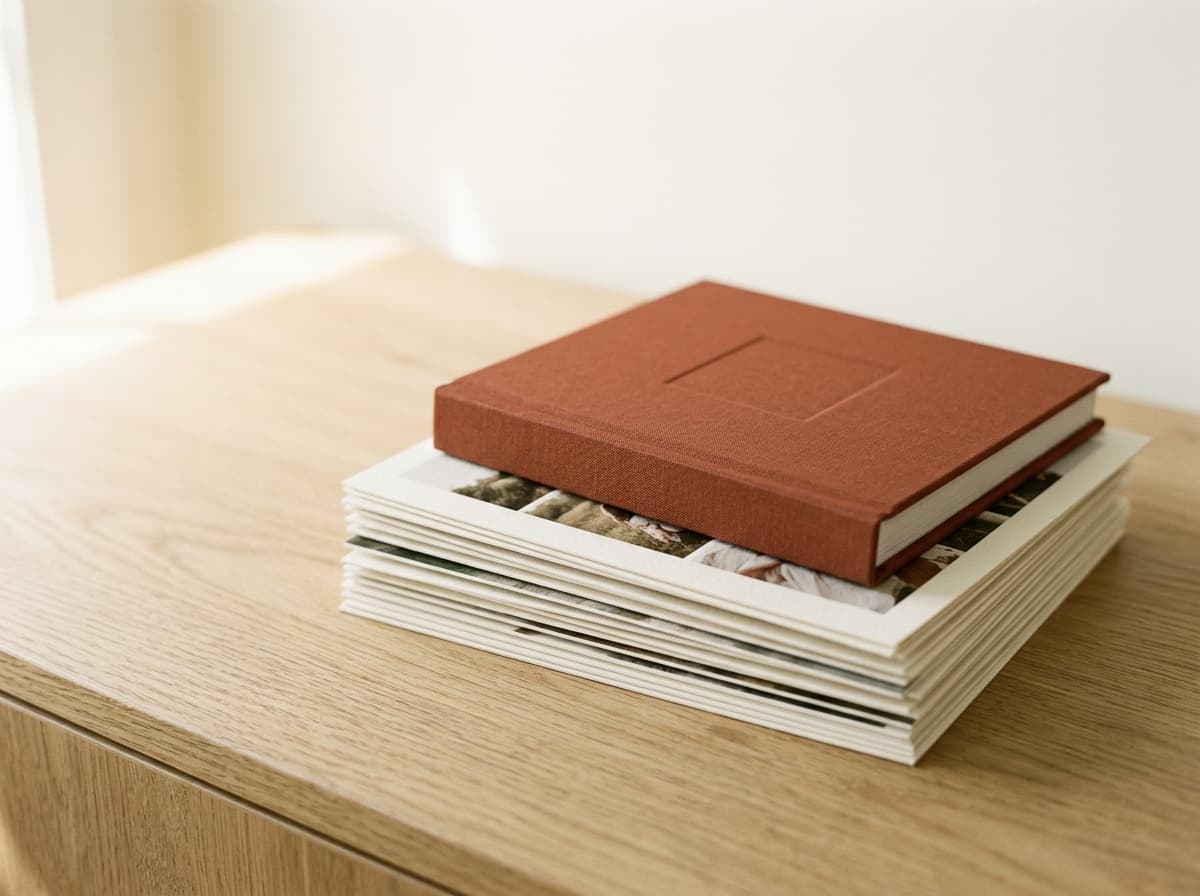 A premium bound photo album resting on a neat stack of proof prints