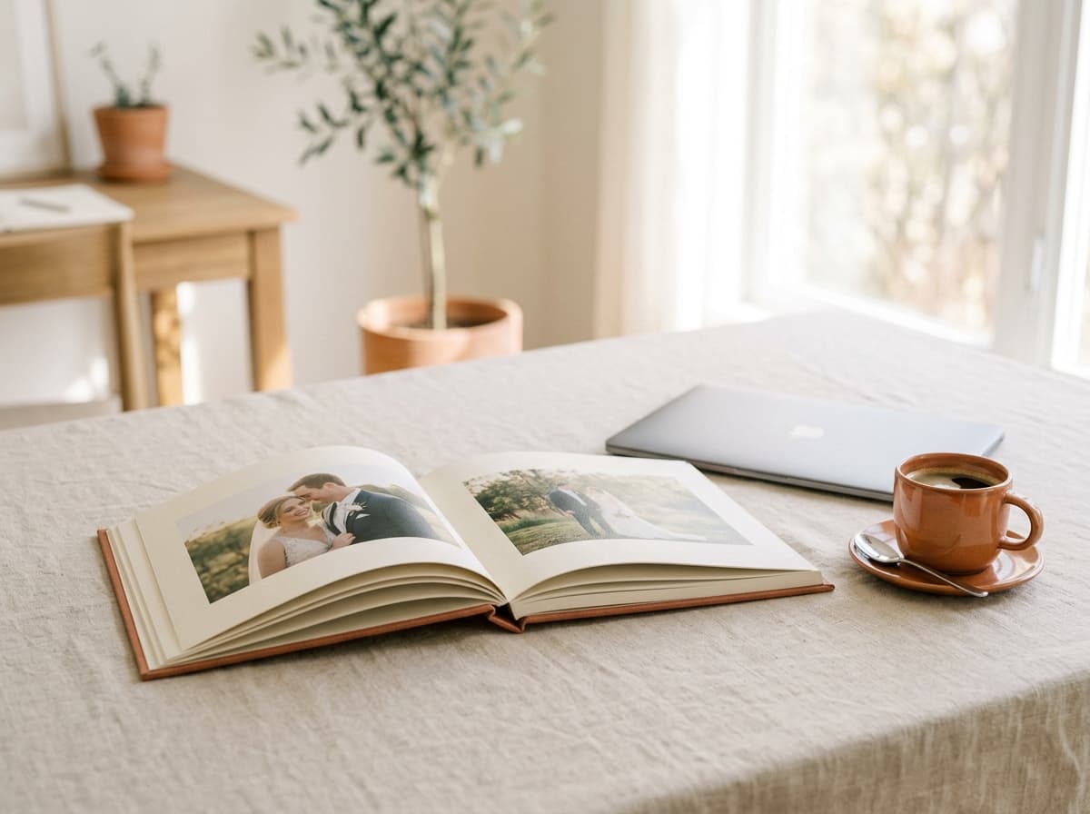 An open premium photo album on warm linen beside a closed slim laptop in soft morning light