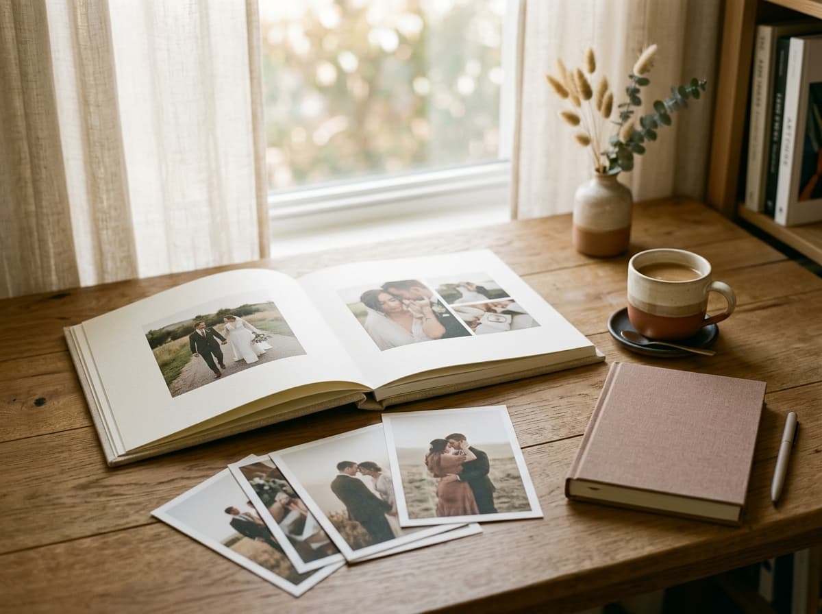 A bound photo album and loose prints beside a coffee cup and a notebook