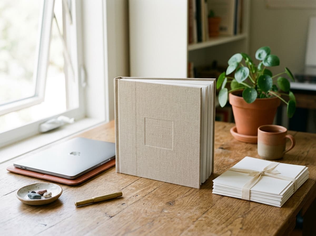 A printed photo album between a closed laptop and a stack of gallery prints