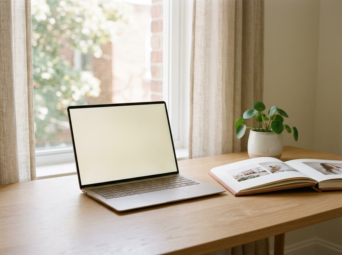 A laptop open by a bright window beside a printed photo album