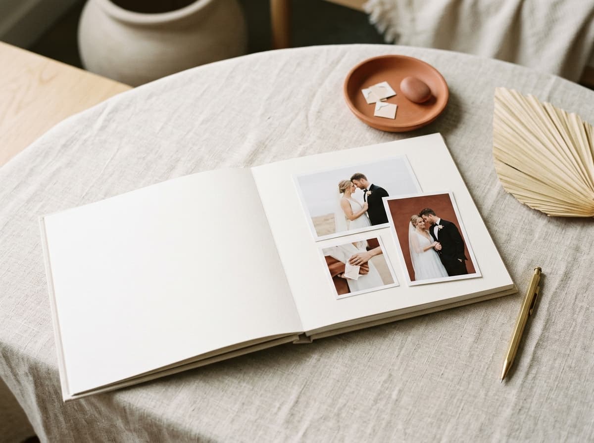 An album spread being composed from loose prints on a cream surface