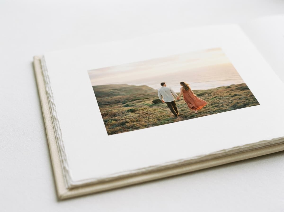 A romantic engagement portrait spread across the page of a slim premium album