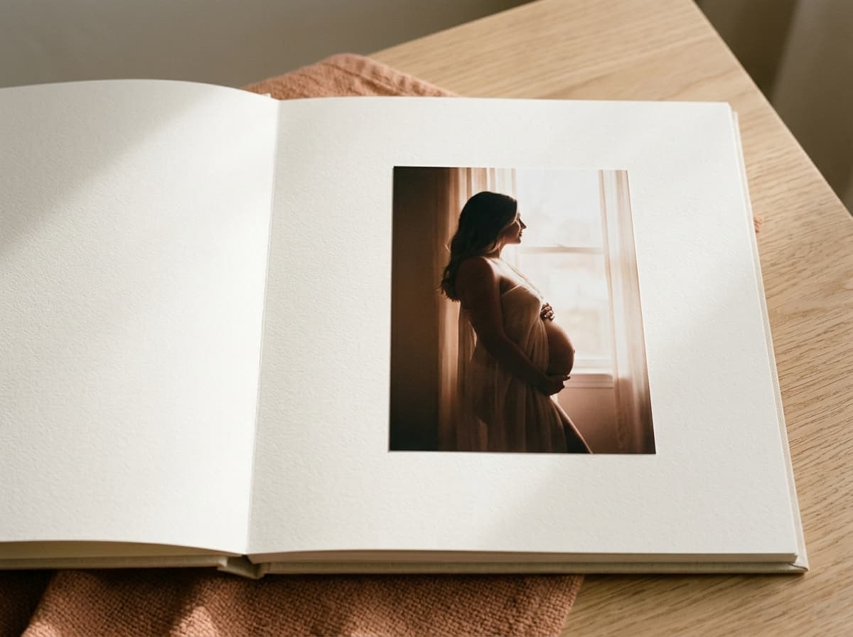 A soft fine-art maternity photograph spread across the page of a premium album