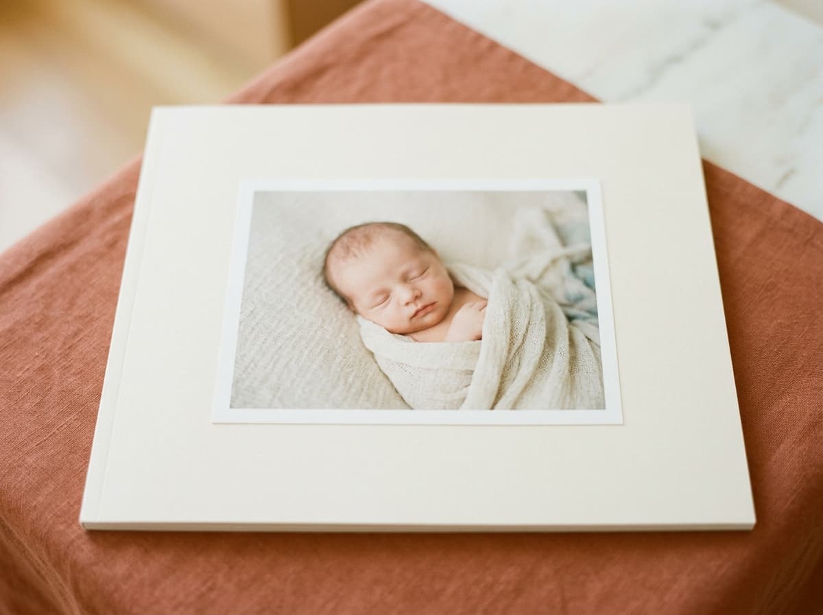 A tender fine-art newborn photograph filling the page of a premium album