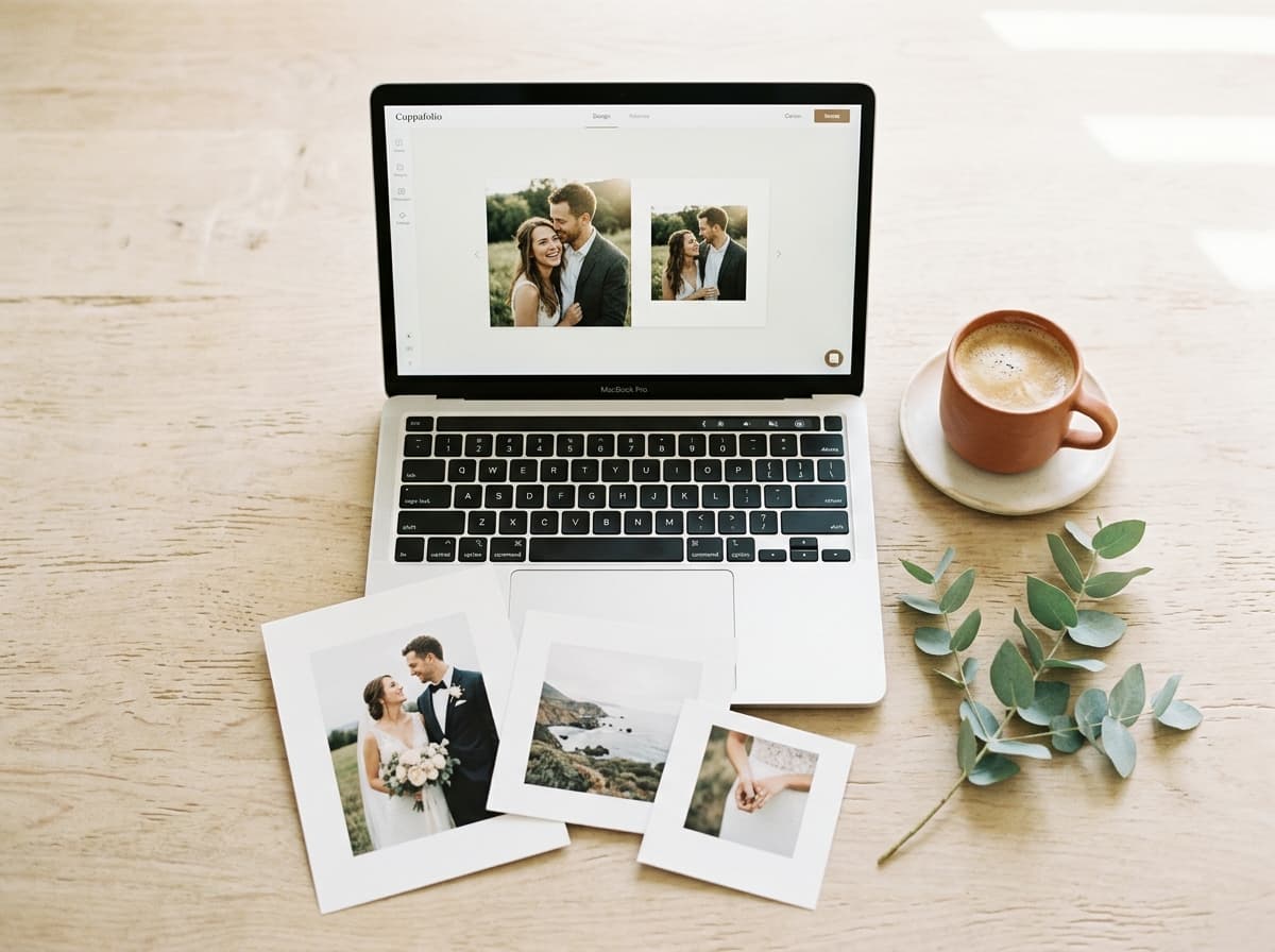 An overhead flatlay of a laptop, premium album prints and a coffee cup on a working photographer's desk