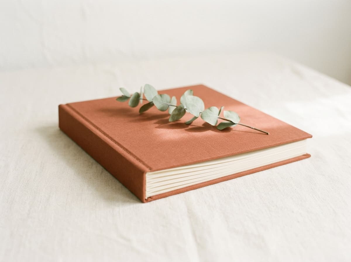 A single bound album on cream linen with eucalyptus