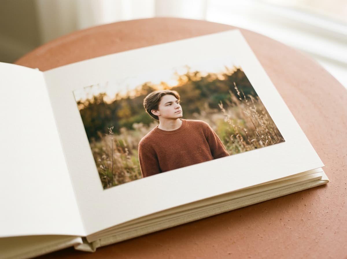 A bold senior portrait spread across the page of a contemporary printed album