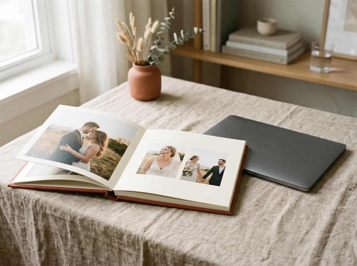 An open wedding album on a cream surface beside a coffee cup