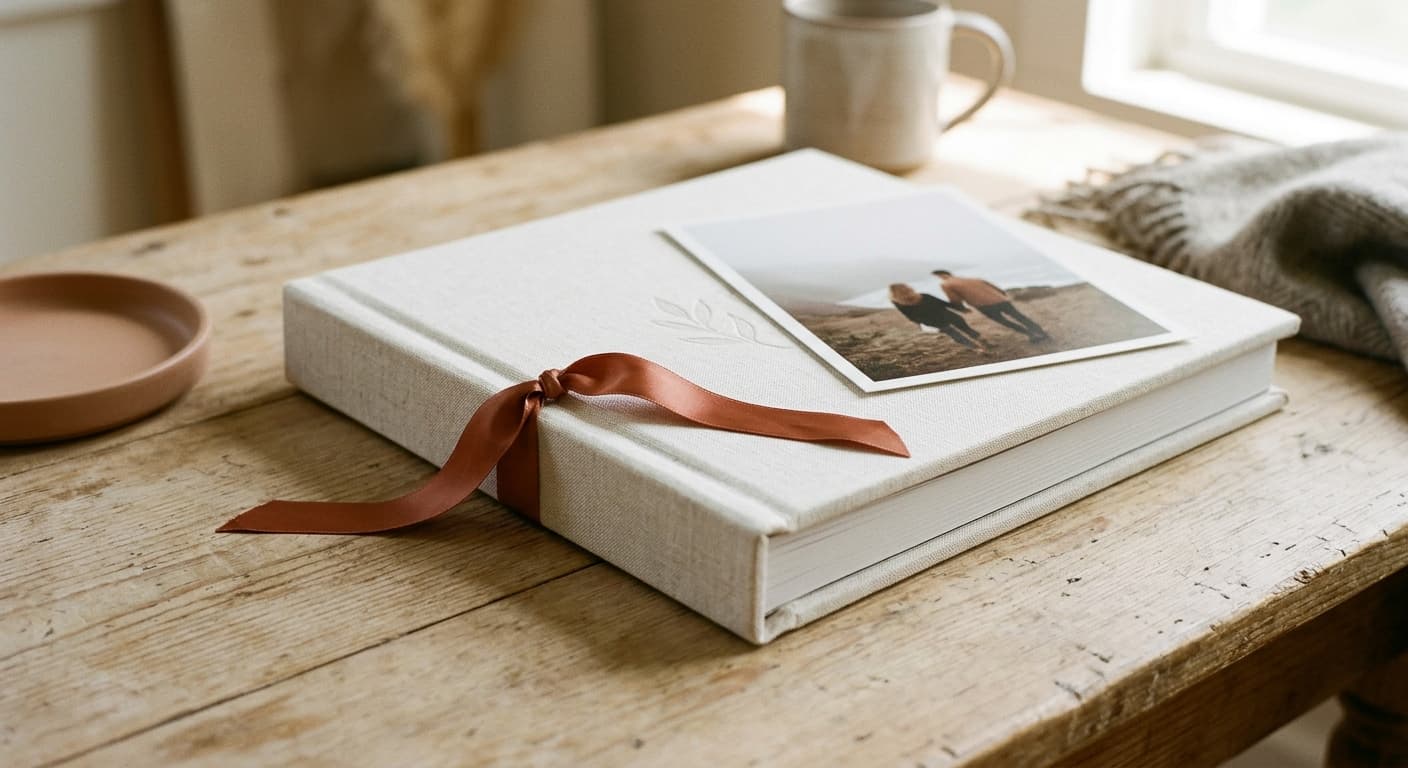 Finished printed album stack alongside the exported PDF file